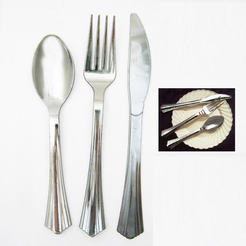 18 Plastic Cutlery Silver Forks Knives Spoons Party Tableware