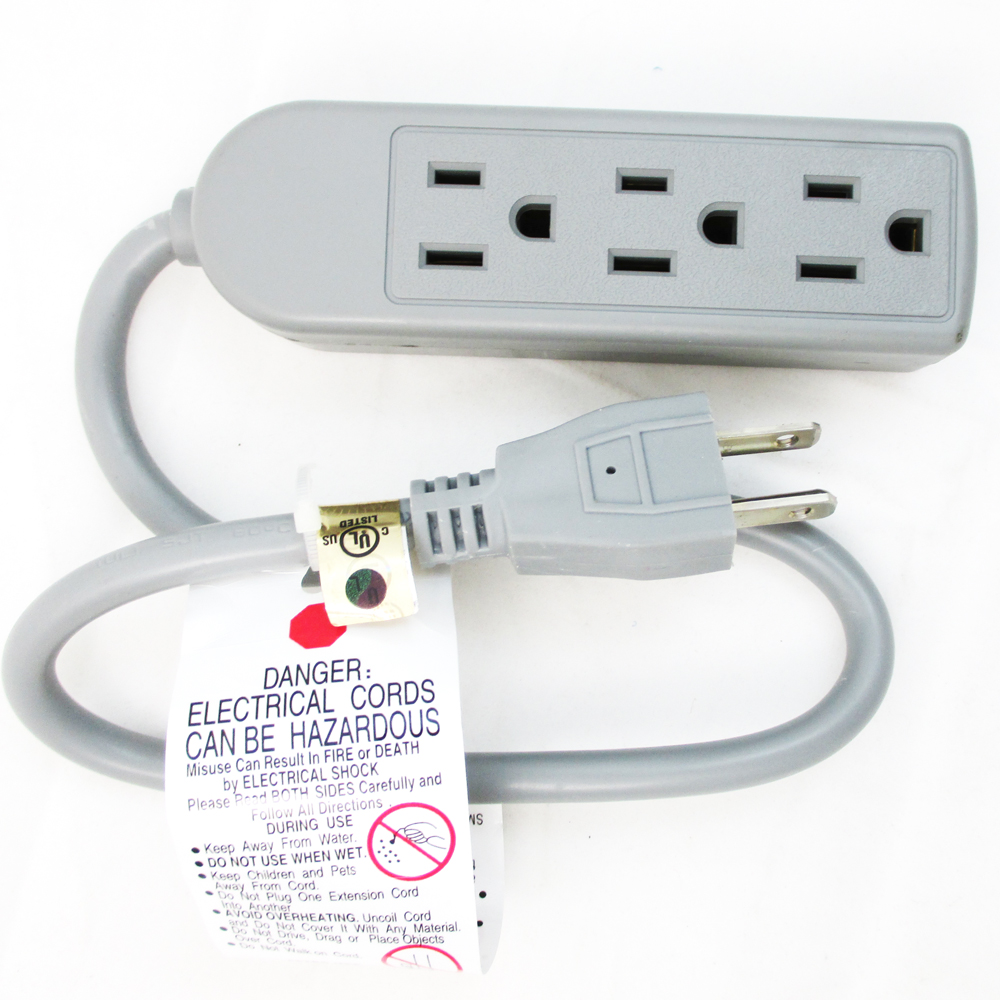 Extension Cord 3 Outlet Power Strip 1.5 Ft Grounded Office Home 125V