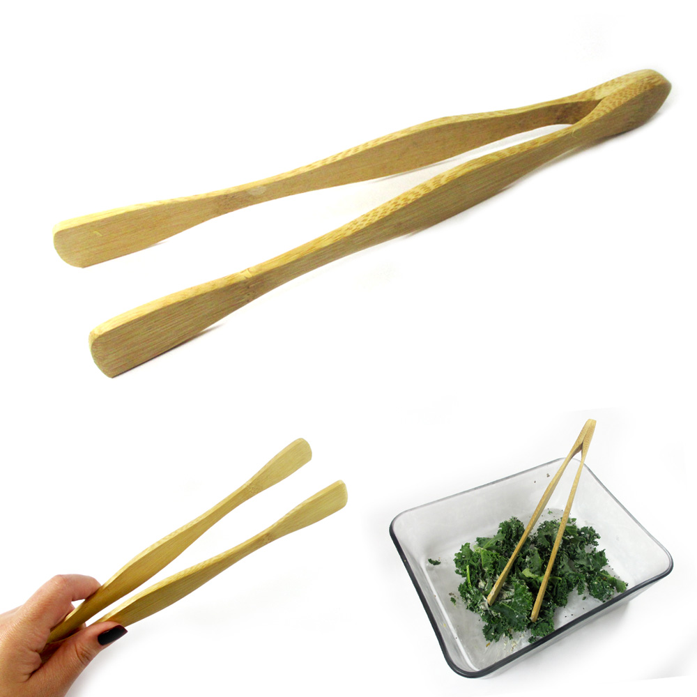 1 Bamboo Tongs Salad Chef Wooden Serving Utensil Toast Kitchen Eco