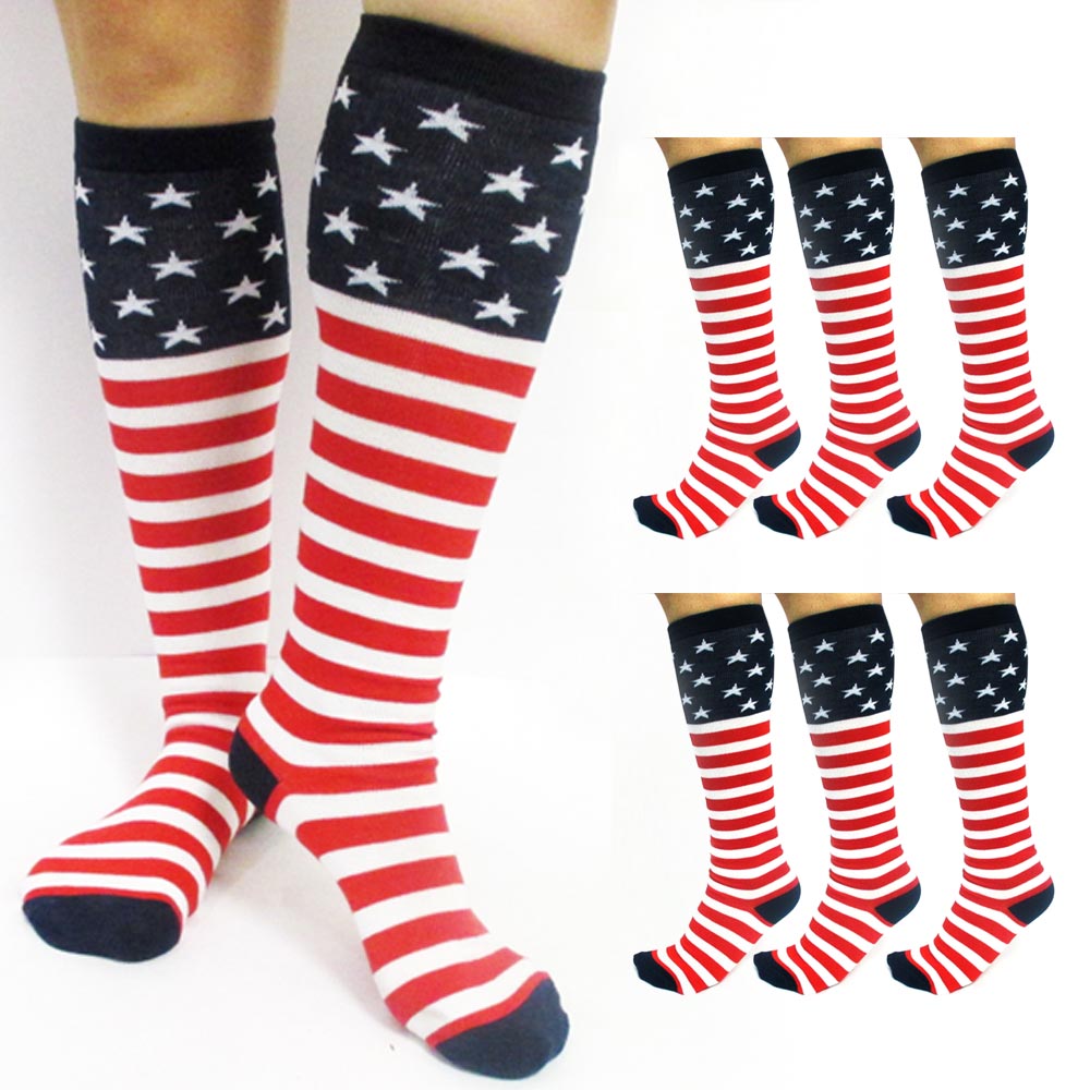 6 Pairs USA Red White Blue Socks American Flag Knee High Womans Striped ...