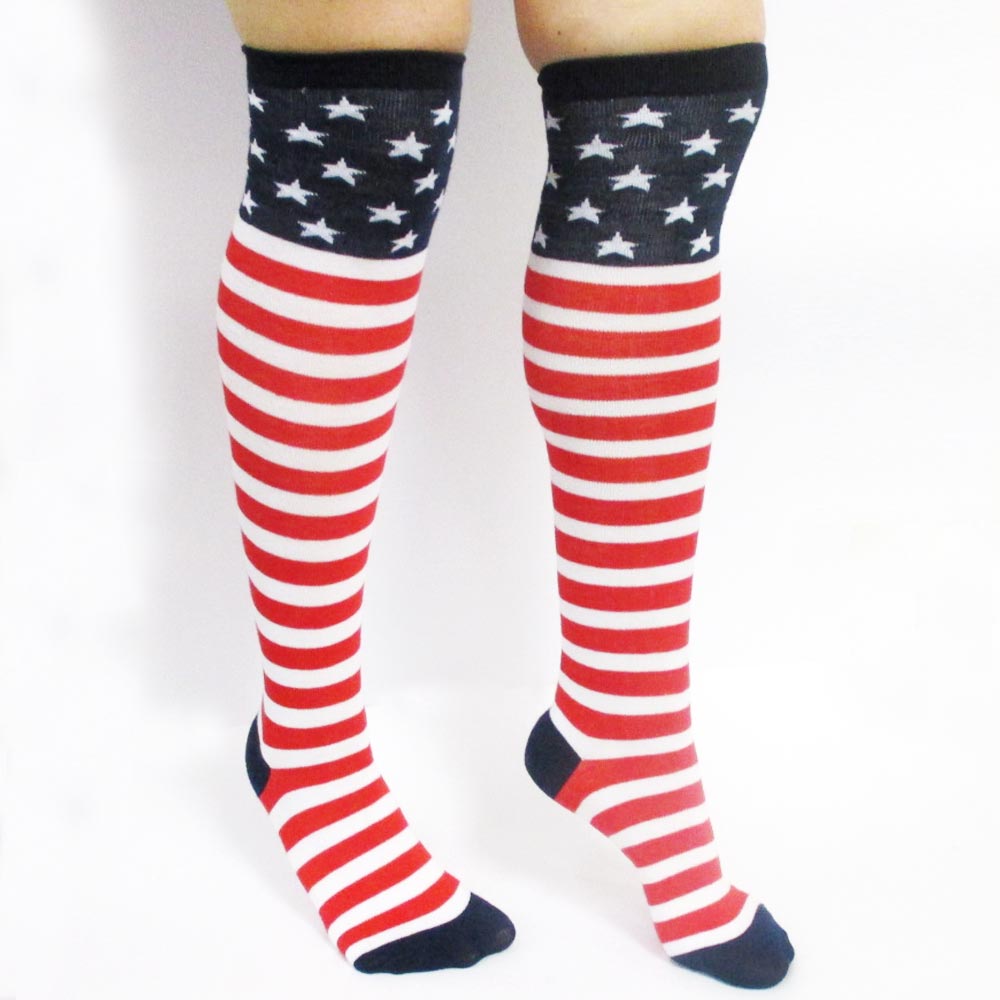 1 Pair USA American Flag Knee High Woman Sock 4th Of July Patriotic ...