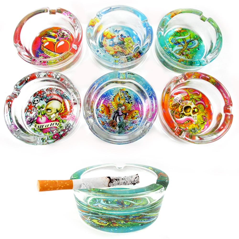 6 Clear Glass Tattoo Ashtray Skull Love Hate Design Smoking Cigarette