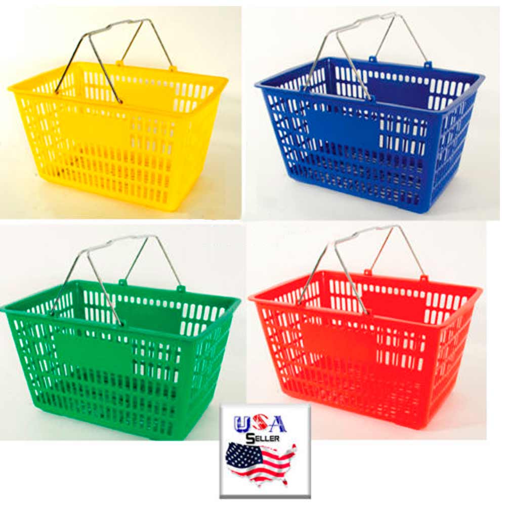 12 Pc Jumbo Standard Shopping Baskets Chrome Handles Plastic Grocery