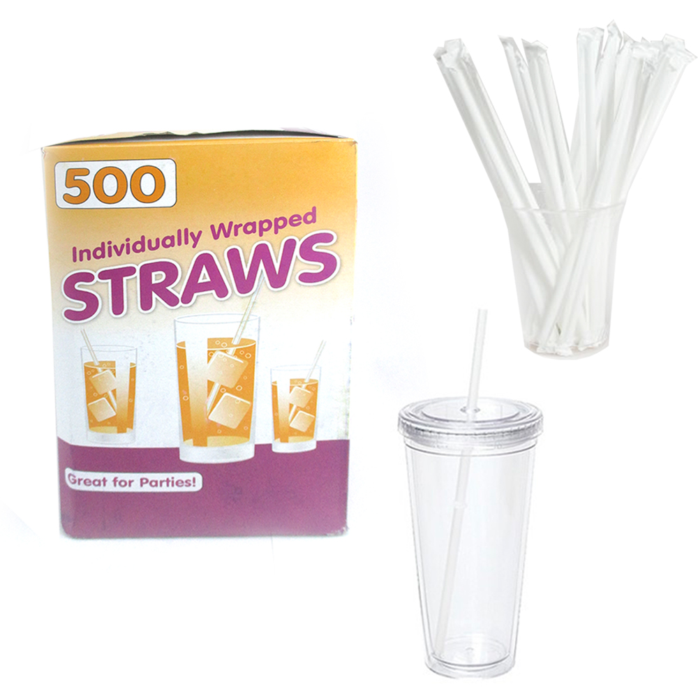 500 Drinking Straws Paper Wrapped Slim Plastic 73/4" Translucent Clear