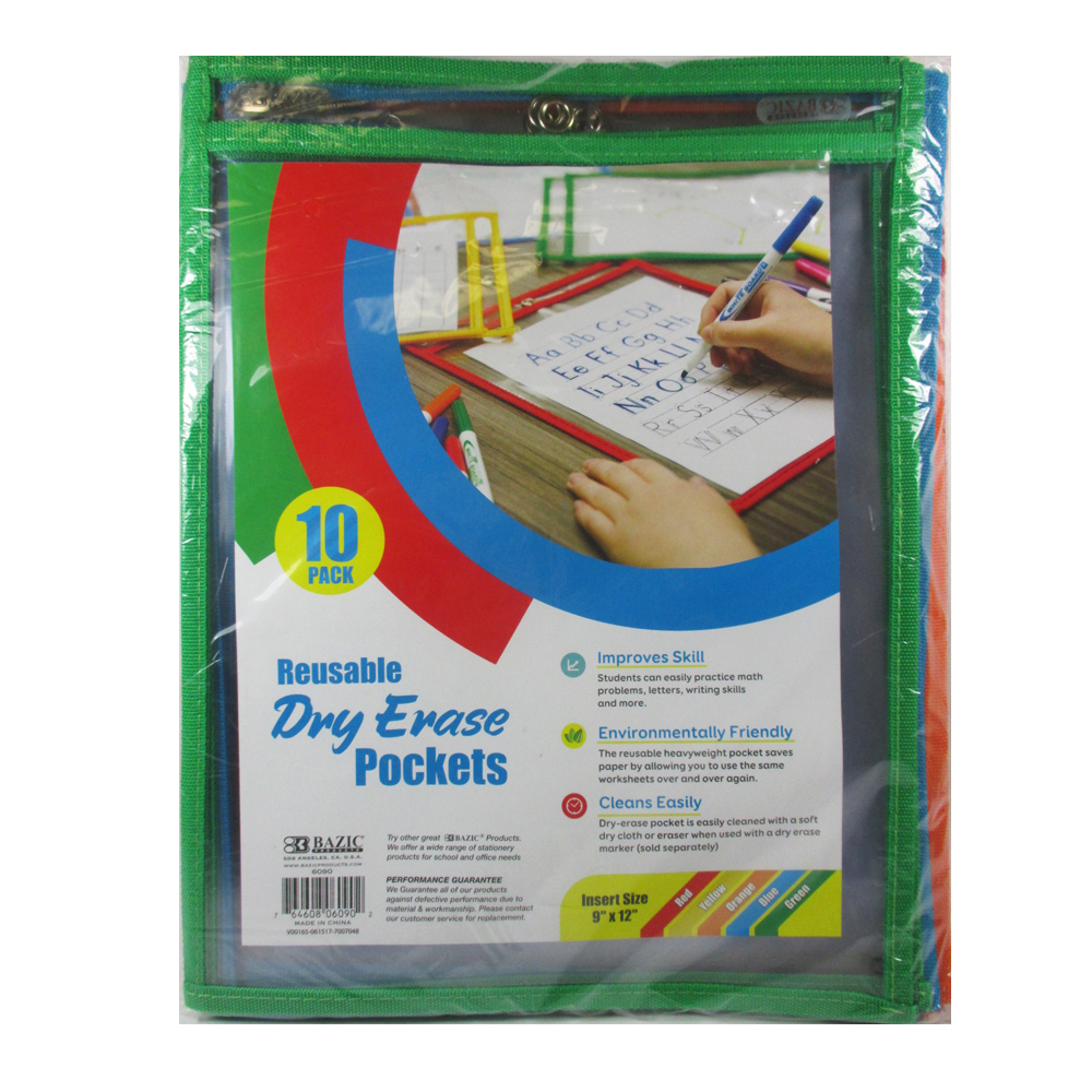 10 PC Reusable Laminate Folder Dry Erase Pockets 9 x 12 Inches Assorted