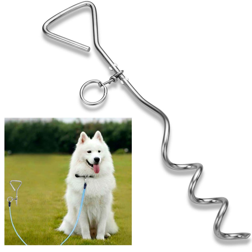 16" Chrome Heavy Duty Dog Tie Out Stake Spiral Metal Screw Yard Ground