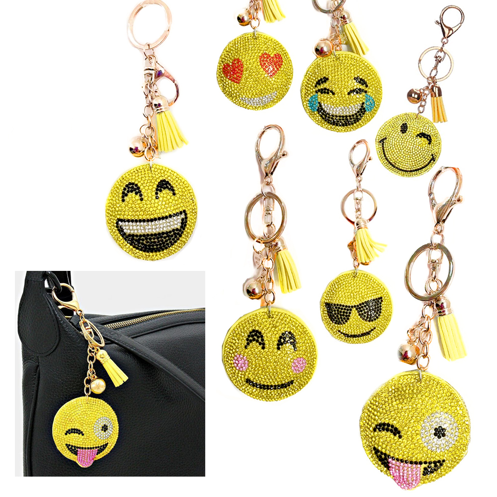 4 Pack Emoji Keychain Rhinestone Studded Smiley Face Toy Key Chain