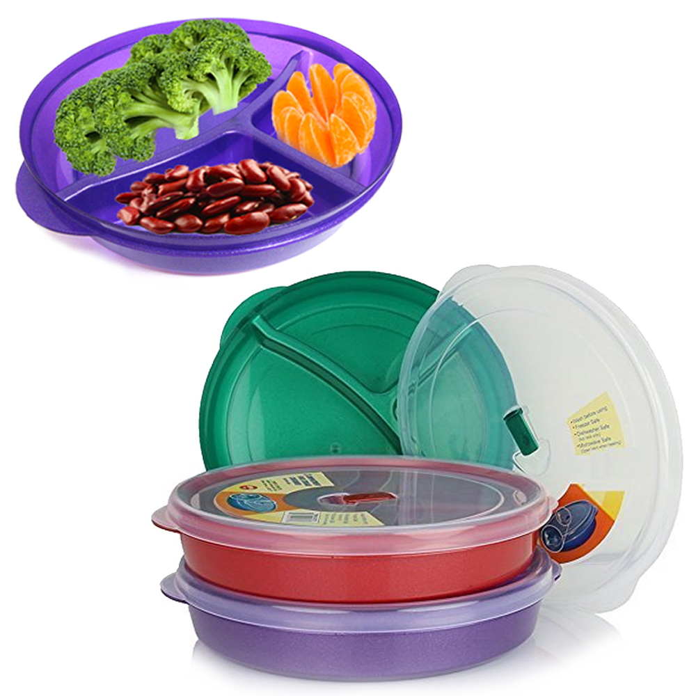 2 Pack BPA-Free Divided Plates w Lids Microwave Dishwasher Safe Lunch