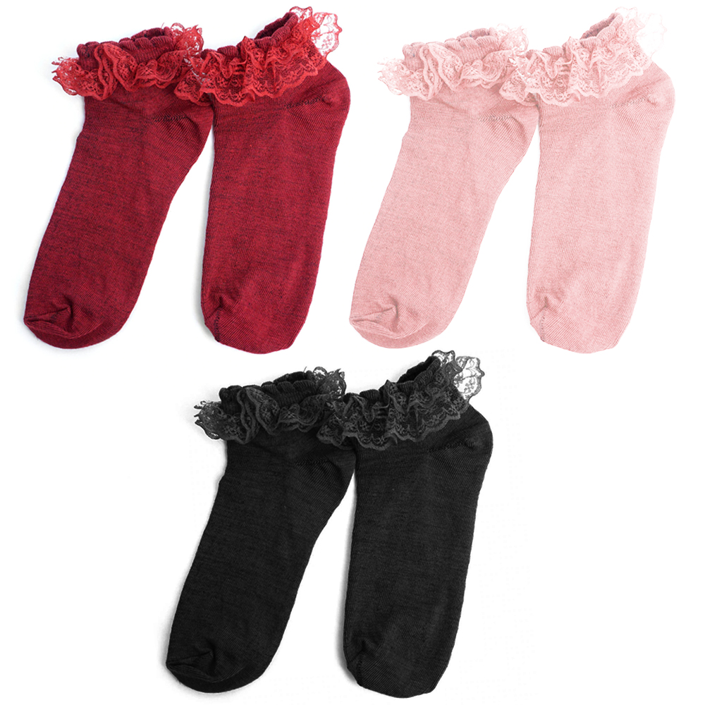 3 Pairs Women's Lace Ruffle Frilly Socks Solid Colors Princess Ankle Socks Comfy eBay