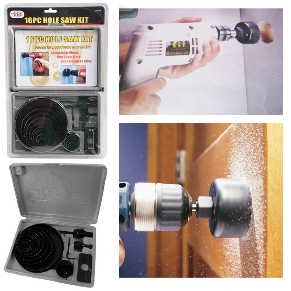 16 Pc Hole Saw Kit Sheet Metal Wood Steel Cutting Cutter Tool Case Door