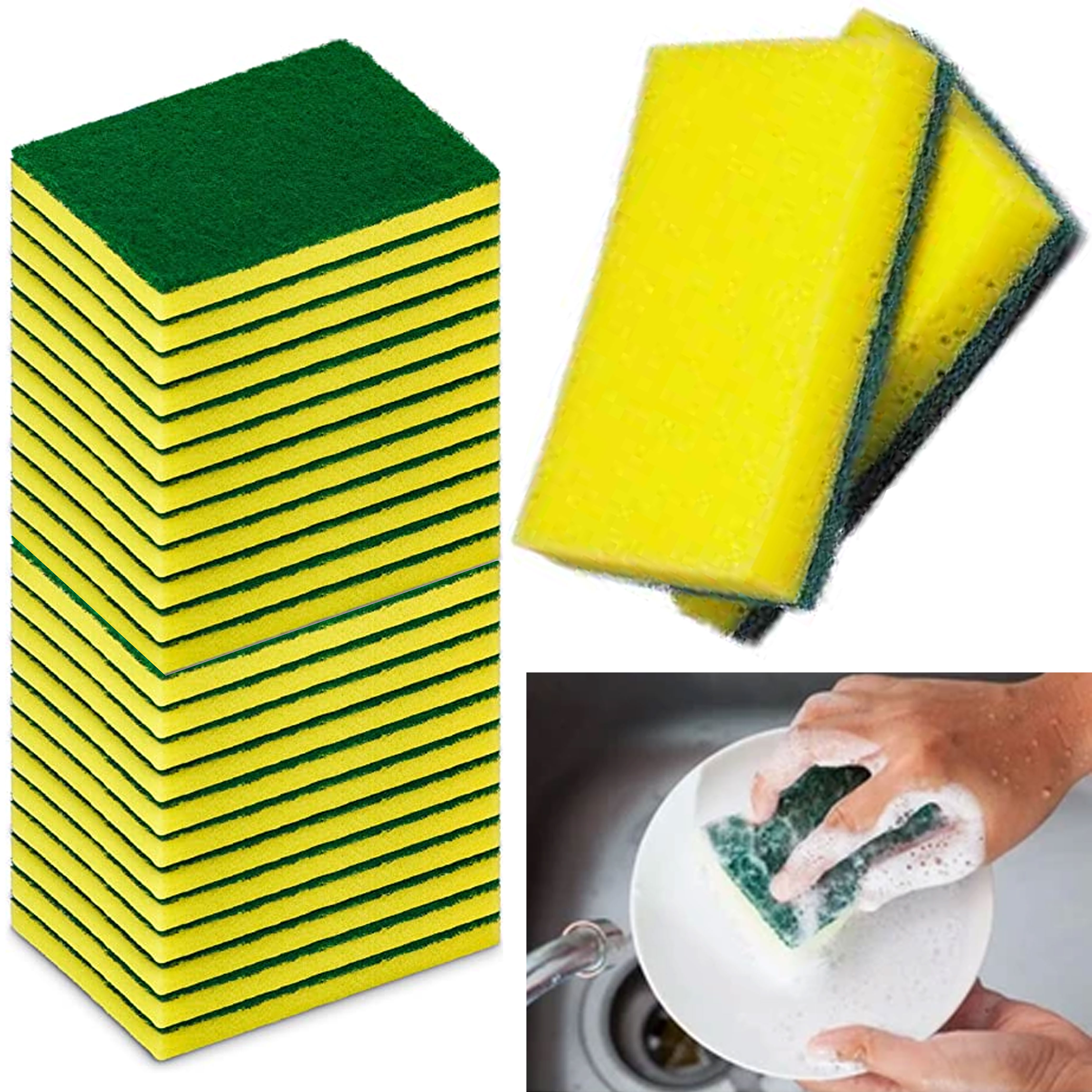 Unique Bargains Soft Non-Scratch Scouring Sponge Pad Kitchen Cleaning Pads  Green Yellow 2 Pcs